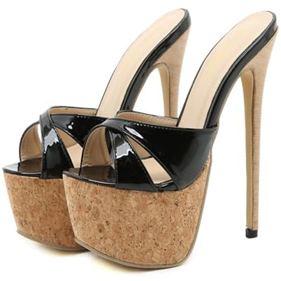Sandali con tacco a spillo in sughero con plateau per donna, punta aperta, tacco alto, décolleté, ciabatte incrociate, 17,5 cm,Nero,38 EU