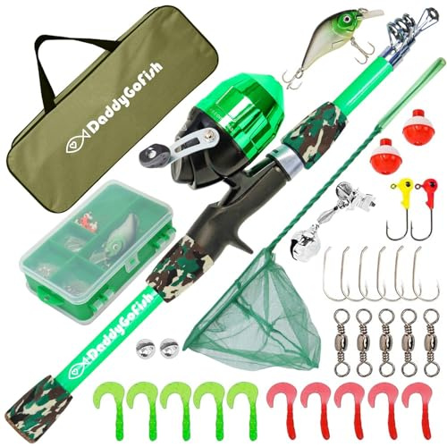 DaddyGoFish Ensemble Canne à pêche et Moulinet pour Enfants, Coffret de matériel de pêche, Petit équipement de première année pour garçons et Filles débutants (Ensemble Essentiel, Verte, 5ft)