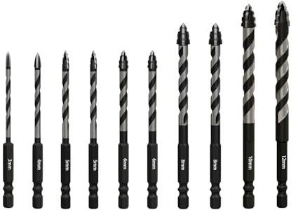 Fliesenbohrer Set 10 tlg 3-12mm, Glasbohrer Set, aufgerüsteter Exzenterbohrer, power bit bohrer, Fliesenbohrer für Fliesen, Keramik, Mauerwerk, Glas, Kunststoff, Holz, Porzellan