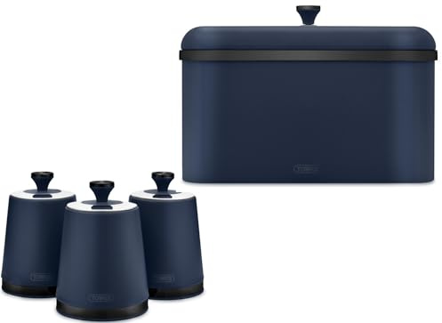 Tower Sera Midnight Blue Breadbin & Tea, Coffee, Sugar Canisters. Contemporary Matching Kitchen Storage Set in Matte Midnight Blue Finish with Stylish Black Smoked Trim