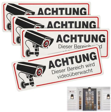 Pack De 4 Carteles De Videovigilancia 12 X 4 Cm, Señales De Advertencia Para Videovigilancia - Carteles De Seguridad Para Uso Interior Y Exterior, Diseño Elegante Para Cumplir Obligaciones Legales