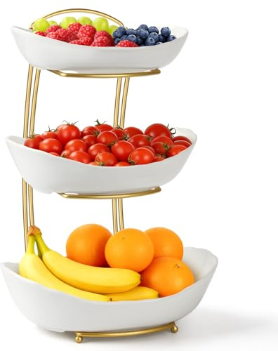 OdoVow Fruit Basket for Kitchen Counter - 3 Tier Ceramic Serving Bowls with Metal Stand, Tiered Fruit Bowls for Snack, Vegetable, Nuts, Dessert | Modern No-Assembly Easy-Clean Home Decor (White)