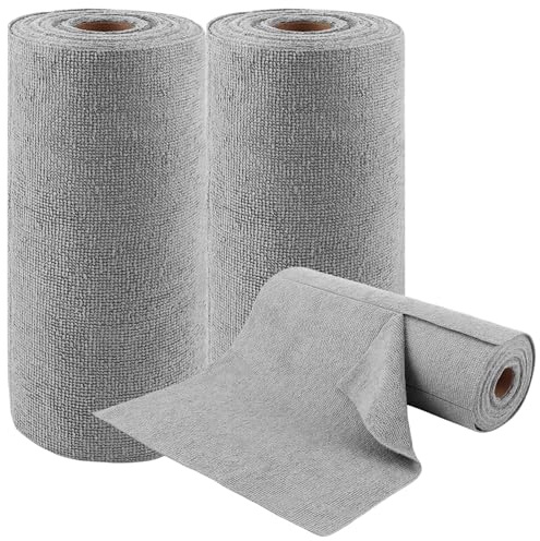 LOLYSIC 100 Stück Mikrofasertücher 25x25 cm – Wiederverwendbare Putzlappen auf Rolle, fusselfreie Reinigungstücher für Auto, Haus & Küche, abreißbare Microfasertücher (Hellgrau)