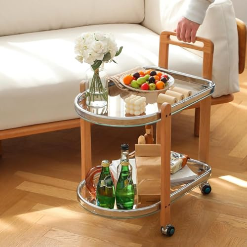 Rollbarer Couchtisch aus Massivholz mit Ablagen, mobiler Barwagen für Wohnzimmer-Organisation