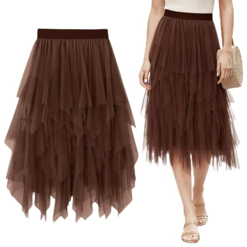 Keyck Donna Gonna Tulle Irregolare Tutu, Lunga Elastica Tulle A-Line Midi, Elegante Casual Gonne Strati Balletto per Carnevale Natale Party Prom, Marrone