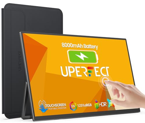 UPERFECT 15.6 Portable Monitor Touchscreen w/8000mAh Rechargeable Battery | 125% sRGB Travel Monitor with Kickstand & VESA, Eye Care IPS External Screen, USB-C Mini HDMI Second Screen for Laptop/PC