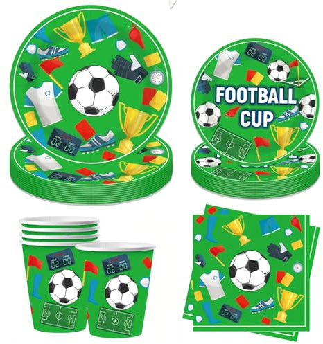 2026 World Football Cup Decorations 50Pcs Green Football Tableware Set World Soccer Cup Paper Plates Napkins and Cups Table Decorations for Kids Birthday Football Party Supplies