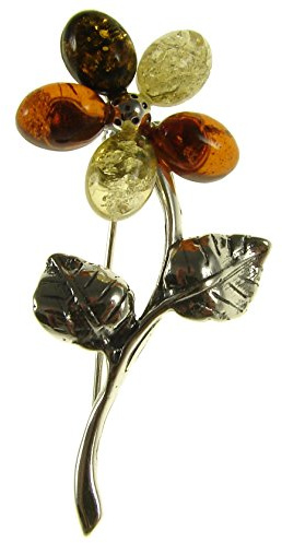 BALTIC AMBER AND STERLING SILVER 925 DESIGNER MULTI-COLOURED FLOWER BROOCH PIN JEWELLERY JEWELRY