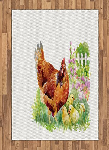 Lunarable Chicken Area Rug, Aquerelle Hen and Her Chicks on a Garden with White Fences and Pale Pink Flowers, Flat Woven Accent Rug for Living Room Bedroom Dining Room, 4' X 5' 7, Multicolor