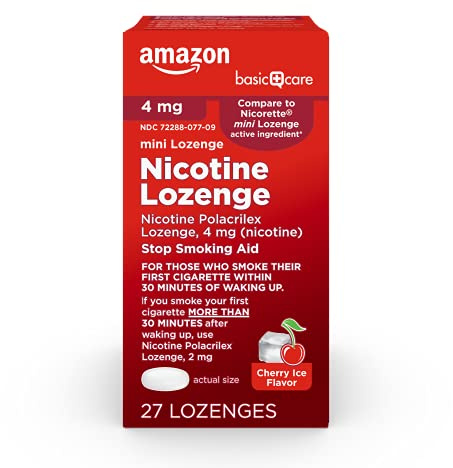 Amazon Basic Care Mini Nicotine Polacrilex Lozenge 4 mg, Stop Smoking Aid, Cherry Ice Flavor, 27 Count