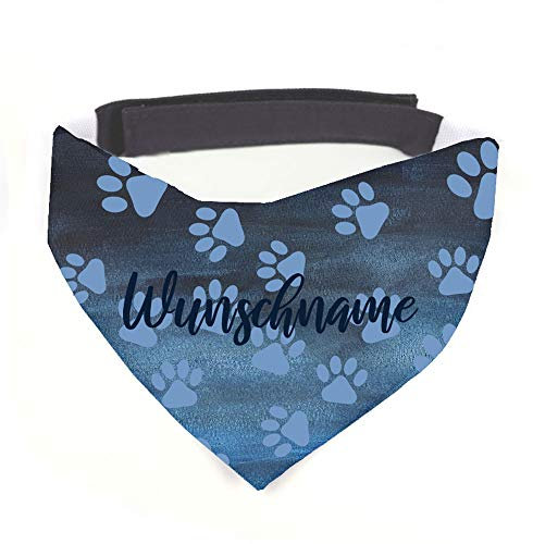 Tierisch-tolle Geschenke Hundehalstuch mit Namen Vintage Pfötchen blau personalisiert inklusive Wunschname mit 12 cm Klettverschluss für kleine, mittlere und große Hunde (S)