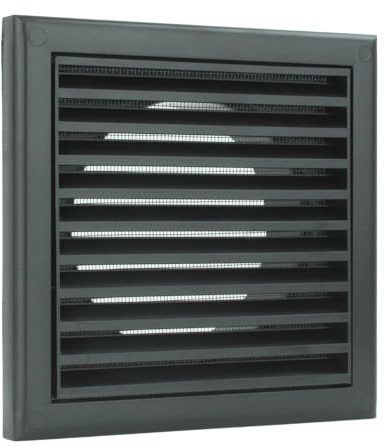Vents 100mm Black Fixed Blade Vent Grille with Fly Mesh | 155 x 155mm Face Size For Wall Or Ceiling Fitting In Bathrooms And Other Domestic Ventilation Areas.