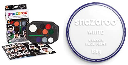 Snazaroo Halloween Face Paint Palette Kit for Kids and Adults, 8 Colours, 11pcs & Classic Face and Body Paint, White, 18 ml, Professional Water Based, Single Cake Makeup Supplies for Adults