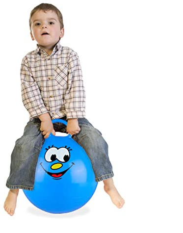 Relaxdays Pallone Rimbalzante, Palla per Saltare, Skippy Ball, Bambini, Ø 45 cm, Indoor & Outdoor, con Maniglia, Blu