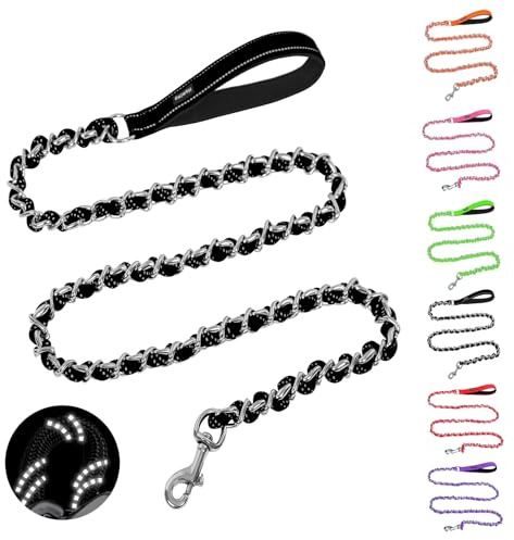Homimp Chain Dog Leash for Medium Large Dogs, Reflective 6 FT Chew Proof Heavy Duty Metal Leashes with Soft Padded Handle, Anti Bite Durable Rope Pet Leashes for Pitbull, Non Chewable Leash Black