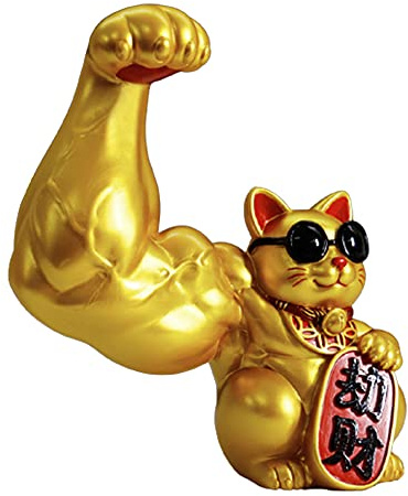 FIYSON Glückskatze Figur Lustig Harz Golden Katze Muskel Arm Reichtum Glücksbringer Glücksstatue Büro Zuhause Cafe Geschäft Einweihungsparty Ladenöffnung Geschenk Tischdekoration Stil (Raub Gold)
