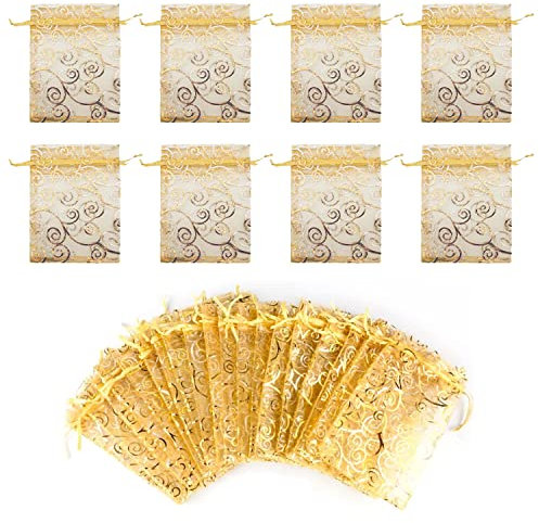 PFLYPF 110 Stück Tasche aus goldenem Garn, Hochzeit Party Zubehör, Gold Ougen Garntasche, Pull Seil Geschenk Taschen, verwendet für Festivals, Schmuck, Süßigkeiten, Make-Up-Proben (10 * 15cm)