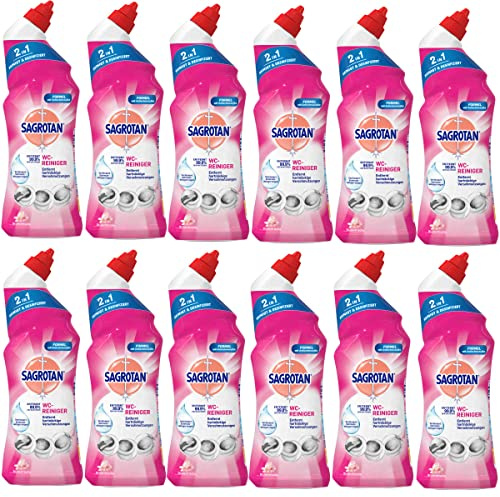 Sagrotan WC-Reiniger Blütenfrische – 2in1 Reinigungsmittel mit Antischmutzfilm für langanhaltende WC-Frische – 12 x 750 ml