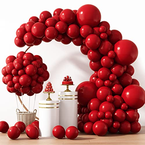 RUBFAC 129pcs Ruby Red Balloon Arch Kit, Different Sizes 18 12 10 5 Inches Cherry Red Burgundy Balloons for Garland Birthday Wedding Party Decorations
