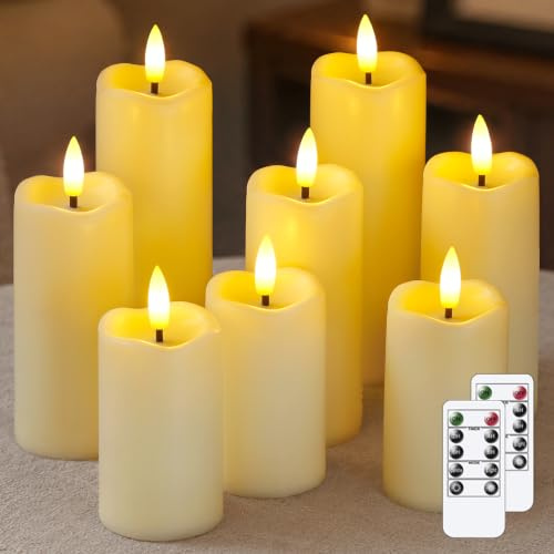 Mavandes Packung mit 8 flammenlos flackernden LED-Kerzen mit 2 Fernbedienungen und Timerfunktion, 5,3cm x 11cm 14cm 17cm Elfenbeinfarbene batteriebetriebene Kunststoffkerzen