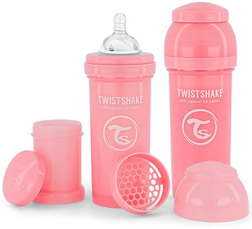 Twistshake 2x Biberon Anticolica Con Contenitore Per Il Latte In Polvere E Miscelatore - 260ml, Tettarella In Silicone A Flusso Medio, Biberon Senza BPA, 2+Mesi, Rosa
