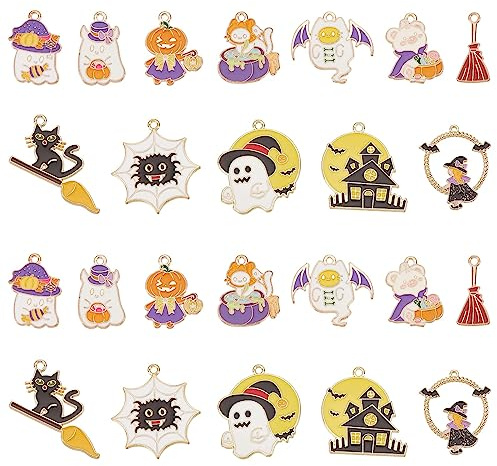 SUNNYCLUE 1boîte 24Pcs 12 Style Halloween Thème Charmes Sorcière Charme CitROUILLEs Fantôme Charme Chat Noir Charme Fée Magique Charme pour la Fabrication de Bijoux Charmes DIY Boucles D'Oreilles Brac