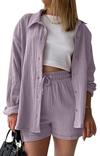 VEVESMUNDO Damen Sommer Musselin Bluse Hemd und Shorts Zweiteiler Set Baumwolle Strand Outfit Set Gr.36 38 40 42 44(Lila,S)