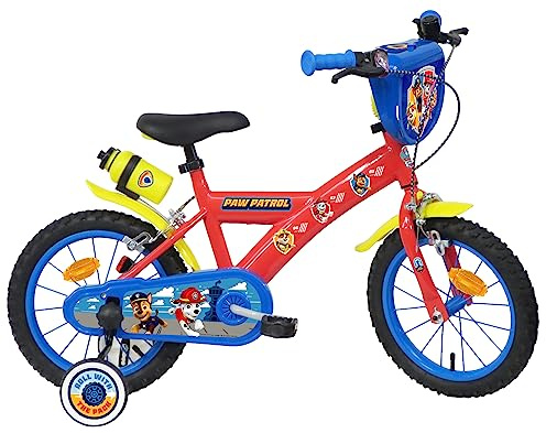 Vélo ATLAS Boy Bike 14' Paw Patrol utrustad med 2 bromsar, dekorativ frontplatta, bakre behållare och avtagbara stabilisatorer, röd ram och gaffel, 14