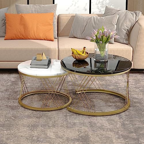 Merax Nesting Couchtisch 2er Set, Satztische,Couchtisch Satz Marmor Furnier Sofa Seite Nest von Tischen Runde Endtische, Satz von 2, Goldene Farbe Frame Schwarz