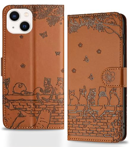 Butnyeoe Coque pour iPhone 13 Rabat,Housse Pochette iPhone 13 Clapet,Portefeuille Etui avec Porte-Carte et Dragonne,Chats/Fleur PU Cuir/Antichoc Flip Folio Case.Marron