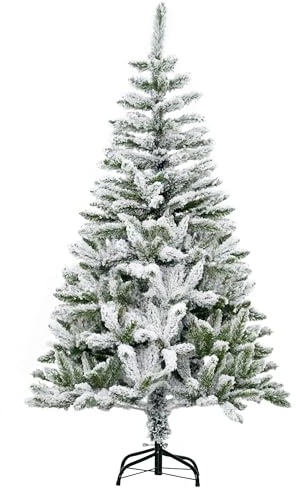 HOMCOM Árbol de Navidad Artificial 150 cm con Nieve y 358 Ramas Verde | Ignífugo, Apertura Automática, Base Plegable, Soporte Metálico, Decoración Navideña para Interiores