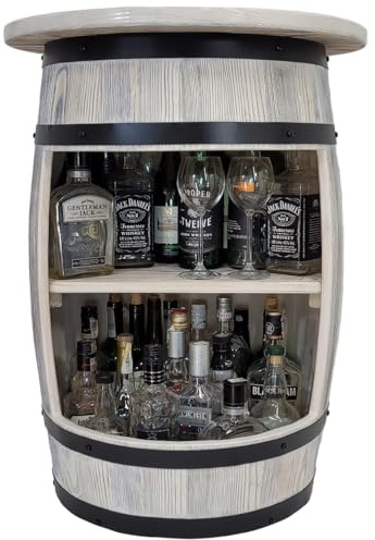 Holzfass mit Deckel, weiße Bar, gebürstetes Holz, Weinreal – Tisch mit Flaschenhaltern - Flaschenhalter Hausbar - Geschenk für einen Mann – Weinregal, Hausbar, handgefertigtes Vintage-