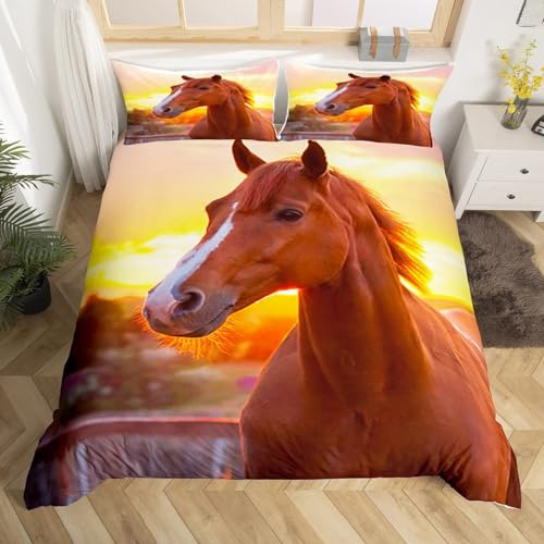 GIENDI Bettwäsche 135x200 3teilig Bettbezug - Pferd Bettwäsche Sets/Kinderbettwäsche mit Reißverschluss, Dämmerungsbraunes Tierpferd-Thema Mikrofaser Bettbezug 135x200cm + 2 Kissenbezug 80x80cm