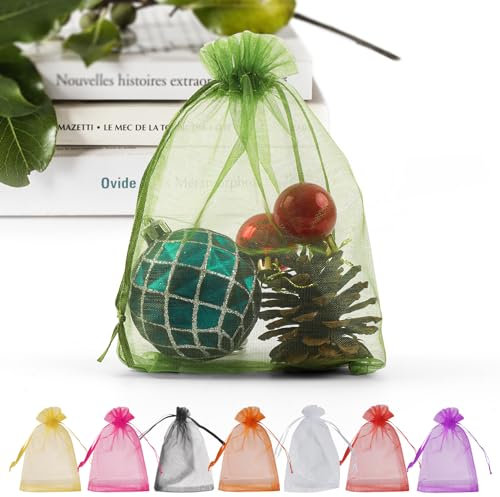 ANZNKU Organza-Beutel, transparent, mit Kordelzug, klein, für Süßigkeiten, Schmuck, Party, Hochzeit, Weihnachten, Geschenkbeutel, Grün, 50 Stück