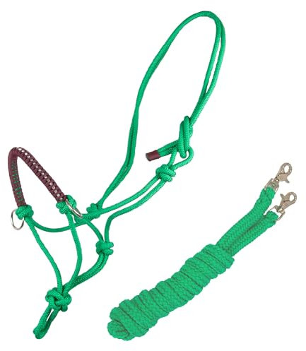 Brama West Knotenhalfter mit Zügel für Pferde - mit Snap-Karabiner und Strass - Grün/Braun (Full)