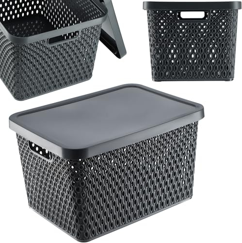 KADAX Aufbewahrungskorb, Korb mit Deckel, Aufbewahrungskiste, Aufbewahrungsbox aus Plastik, Moderner Regalkorb, Behälter mit Lüftungslöchern (18L, Grau)