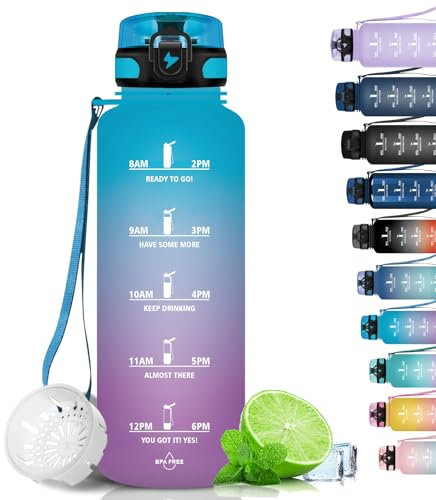 Grsta Gourde, 1.5L Gourde Sport, sans BPA, Bouteille d'eau, Graduée pour 1 Journee, Filtre et Marqueur de Temps, Motivation pour la randonnée, l'école - Bleu violet