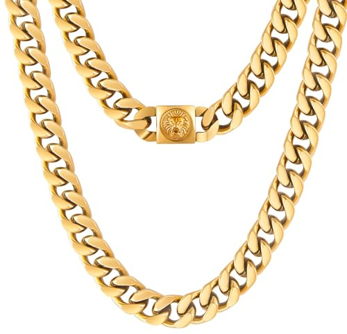 KRKC&CO 12mm Herren Panzerkette mit Löwe Kopf Verschluss, 18K Gold plattiert Cuban Link Chain, Edelstahl Miami Kubanische Gliederkette Goldkette, Hip Hop Halskette für Männer Jungen [Größe 50,8cm]