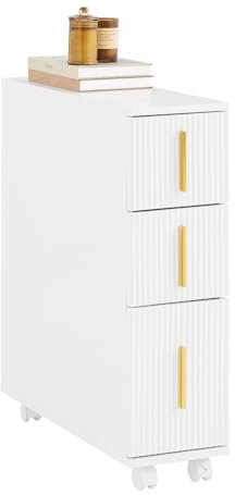 SoBuy Schmaler Badezimmerschrank Nischenschrank mit 3 Schubladen und Rollen Kompakter Waschtischunterschrank Platzsparender Apothekerschrank Organizer für Badezimmer WC Nischen 52 x 17 x 69cm BZR183-W