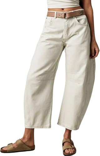 Womens Stretchy Mid Rise Barrel Jeans Vintage Loose Wide Leg Cropped Denim Pants Y2k Baggy Boyfriend Jeans (Large,Ivory)