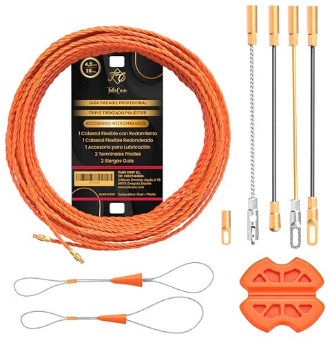 Guía Pasacables Profesional de 4,5 mm Poliester trenzado TALACANO | Enhebrador de Alambre para Electricista | Pasacables para Pared y Cableado Eléctrico | Extremos Intercambiables (20 Metros)