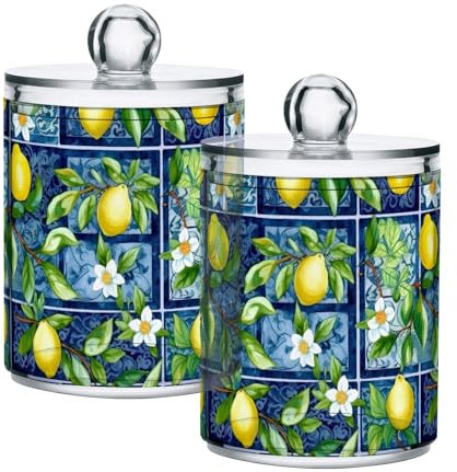 CHIFIGNO Juego de 2 tarros de plástico transparente de estilo siciliano vintage con diseño de limones, frascos de boticario con tapas, recipiente de baño para bolas de algodón, hisopo de algodón,