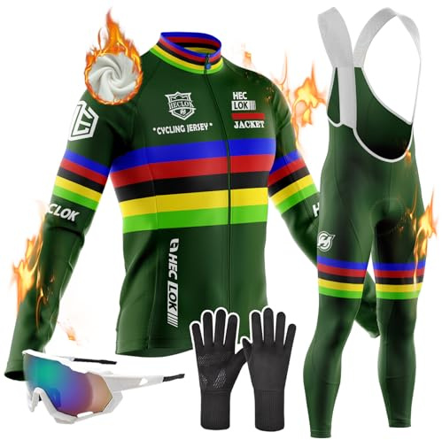 Abbigliamento Ciclismo Uomo Invernale Tuta da Ciclista Manica Lunga Completo Strada MTB Bici,con 9D Imbottiti Gel, Maglia Bicicletta Termico Vello Giacca e Pantaloni Salopette