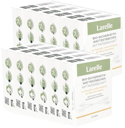 Larelle Bio-Sicherheitswattestäbchen 12er Set, Baby-Wattestäbchen, 720 Stück mit Extra-Sicherheitszone, Reinigungsstäbchen, Kosmetik, Körperpflege, GOTS Ecocert, für Kinderohren, ca. 76 mm