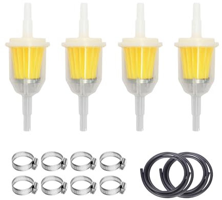 YALiya Filtro carburante, 4 pezzi filtro benzina ciclomotore, 2 tubi da 50 cm, 8 morsetti per trattore, tosaerba, motoslitta, auto