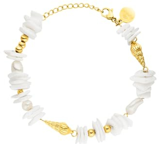 Purelei Wela Armband Damen – Mit echten Süßwasserperlen, Keshi-Perlen & Muschelelementen – 316L Edelstahl vergoldet/rosé/silber – Verstellbar 16–19 cm – Wasserfest