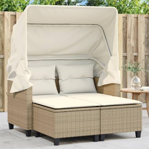 Homgoday Gartensofa 2-Sitzer mit Dach und Hockern Gartenlounge Set Balkonsofa Lounge Sofa Gartenmöbel Gartensofa Loungesofa Terrassensofa Sitzgruppe Beige Poly Rattan
