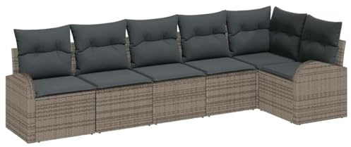 vidaXL 6-teiliges Garten-Sofa-Set mit Kissen | Modulares Poly-Rattan-Sofa mit verstellbaren Füßen für Balkon oder Terrasse in Grau. Luxuriöses, wetterfestes Wohnzimmer-Set für den Sommer.