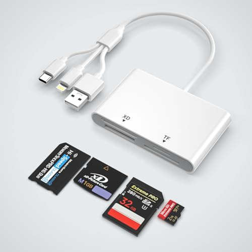 4 en 1 Lector de Tarjetas para SD/TF/MS/XD, Adaptador Memory Stick Pro Duo para iPhone/iPad/PC/Android, Lector Tarjetas SD con USB C/Lightning/USB & OTG, Adaptador Tarjeta XD para Olympus Plug & Play