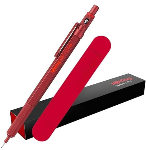 rOtring 600 Druckbleistift & Samtetui, 0,7 mm, roter Ganzmetall-Körper, rutschfester gerändelter Griff und sechseckiger Schaft